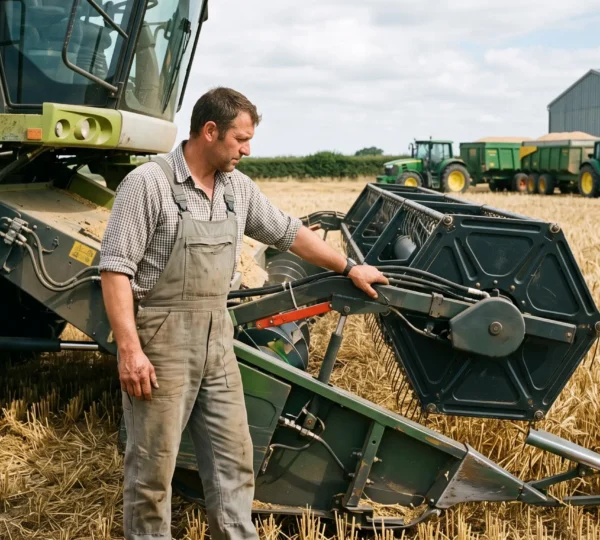 Un entrepreneur de travaux agricoles vérifie la barre de coupe d'une moissonneuse-batteuse dans un champ de blé, avec des tracteurs et un hangar en arrière-plan.