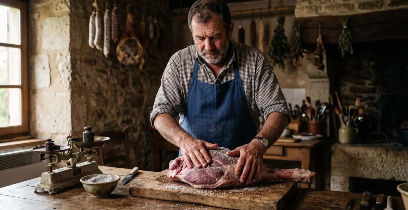 Un homme sale à la main une cuisse de sanglier dénervée posée sur une planche en bois dans une cuisine de ferme.
