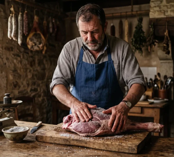 Un homme sale à la main une cuisse de sanglier dénervée posée sur une planche en bois dans une cuisine de ferme.