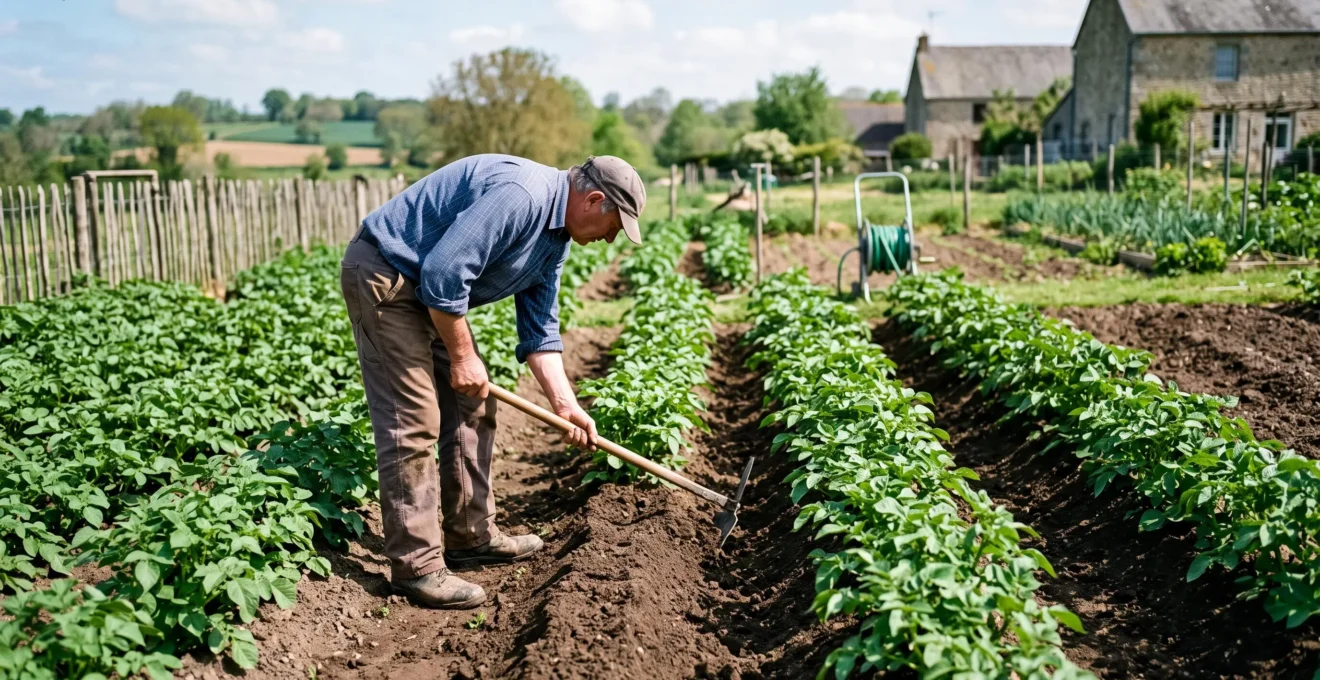 Un jardinier butte la terre autour de plants de pommes de terre avec une binette dans son potager.