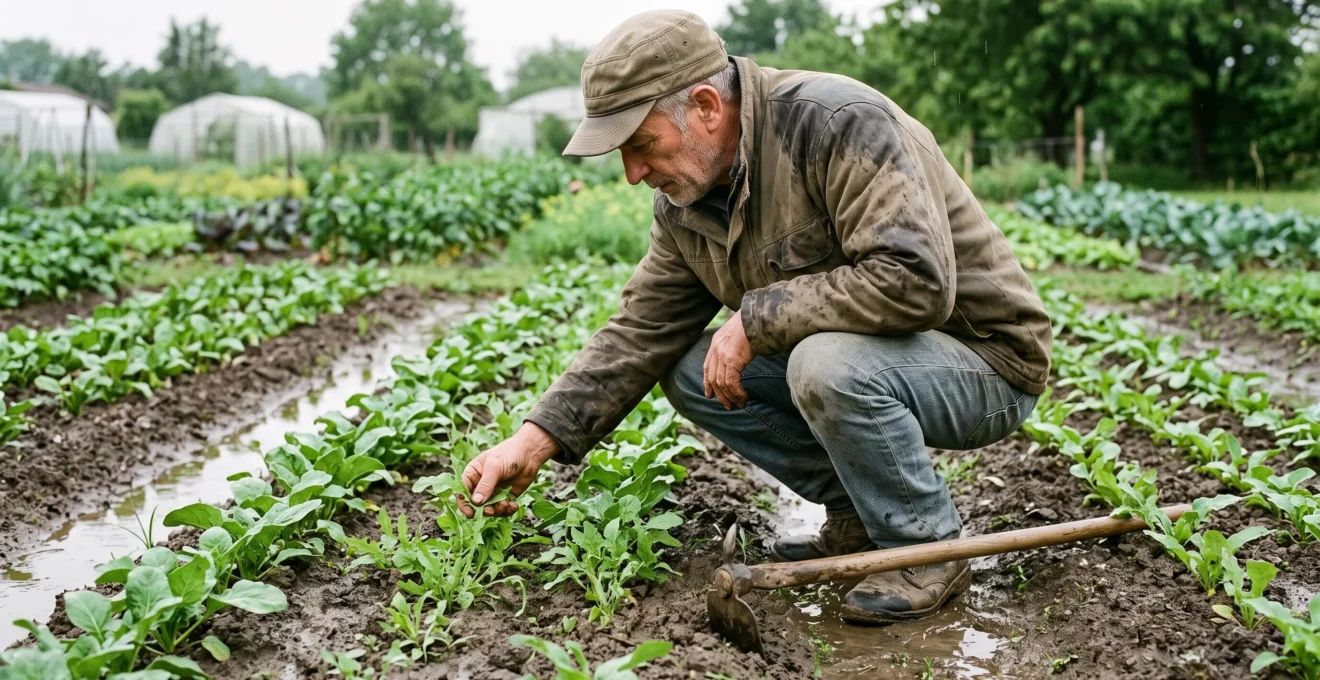 Un jardinier accroupi examine des mauvaises herbes sur un sol détrempé après la pluie, une binette posée à côté de lui.