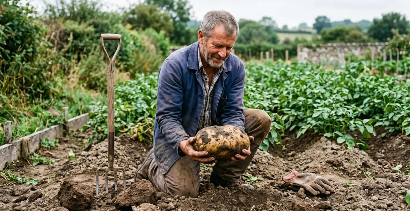 Un jardinier présente à deux mains une très grosse pomme de terre fraîchement récoltée dans son potager.