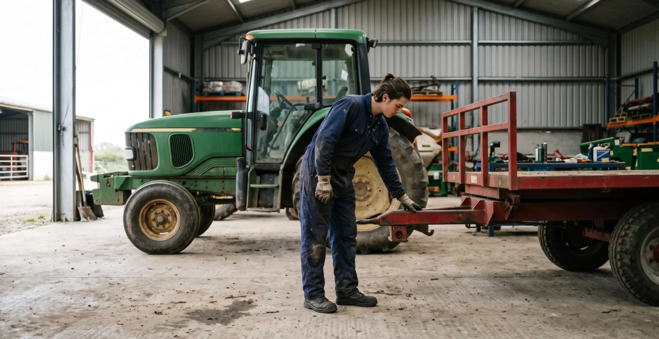 Un jeune travailleur vérifie l'attelage entre un tracteur et une remorque dans un hangar agricole éclairé par la lumière du jour.