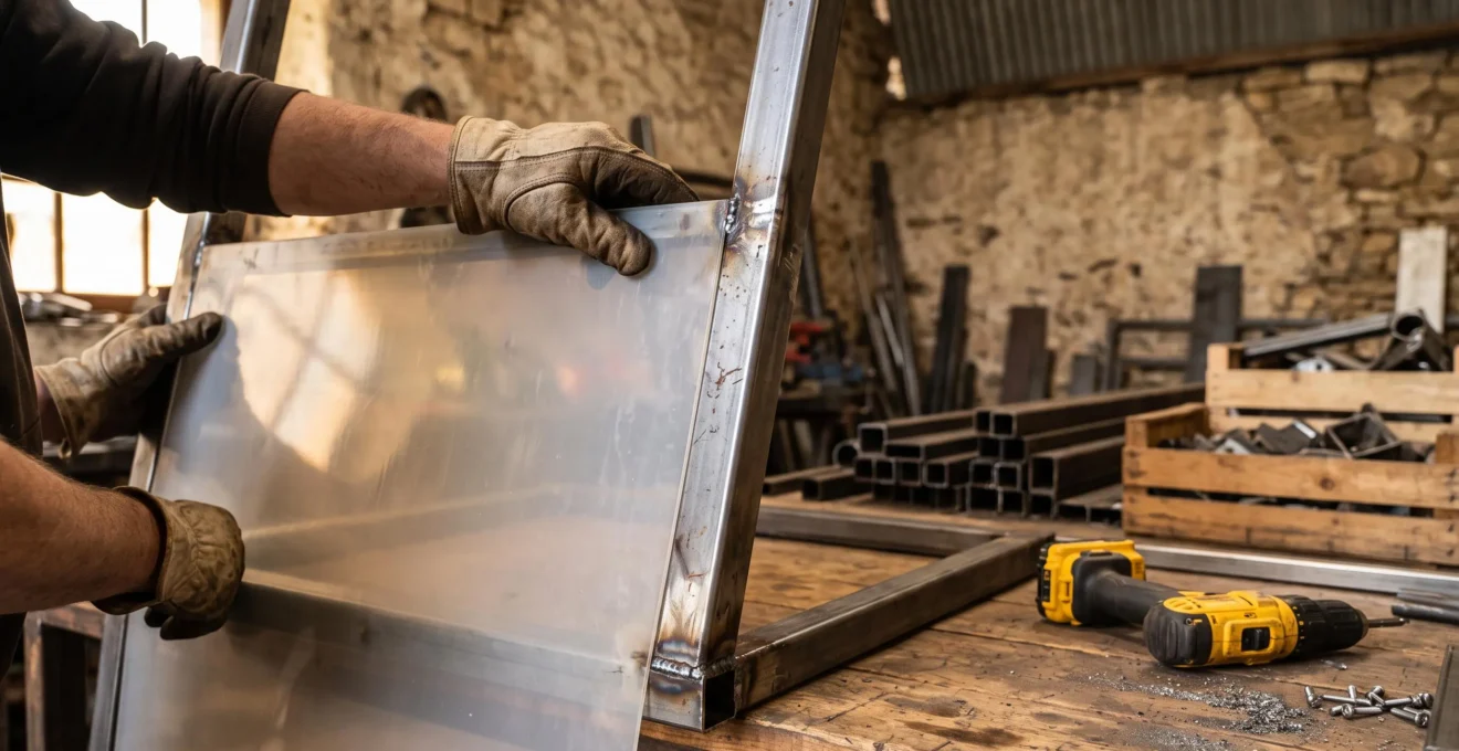 Des mains gantées positionnent une plaque de polycarbonate sur l'ossature tubulaire d'une cabine de tracteur dans un atelier de ferme.