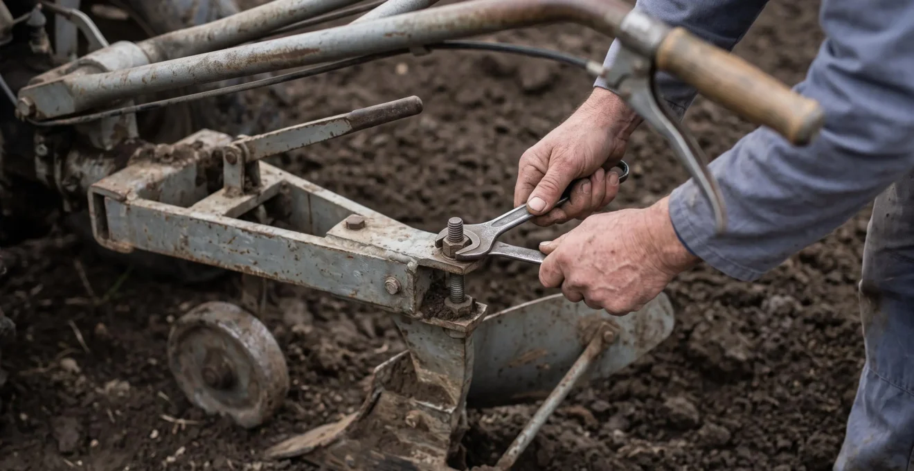 Gros plan sur les mains d'un agriculteur réglant la vis de profondeur d'une charrue simple avec une clé.