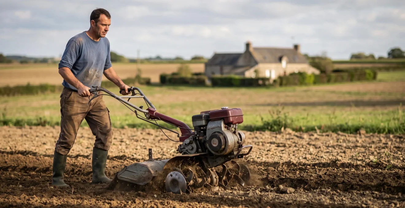 Un maraîcher utilise un motoculteur pour labourer une rangée de terre dans un potager en zone rurale française.