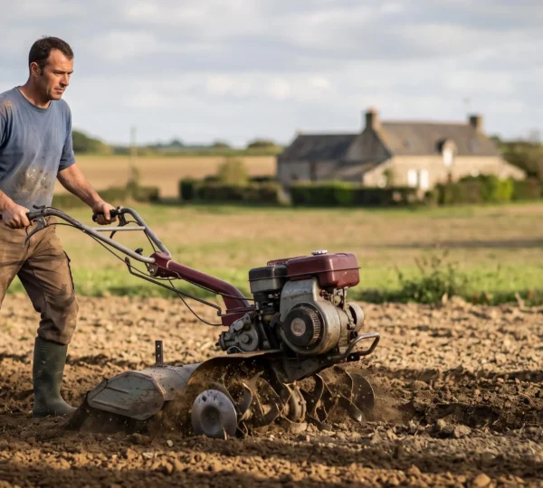 Un maraîcher utilise un motoculteur pour labourer une rangée de terre dans un potager en zone rurale française.