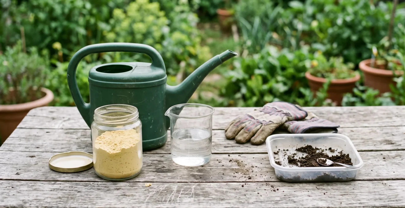 Le matériel nécessaire à l'extraction des vers de terre à la moutarde est posé sur une table de jardin : moutarde en poudre, arrosoir, gants et bac de collecte.