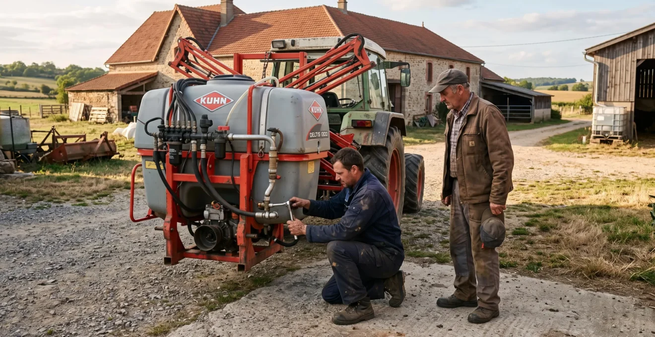 Un mécanicien agricole dépanne le circuit hydraulique d'un pulvérisateur dans une cour de ferme française, accompagné de l'agriculteur.