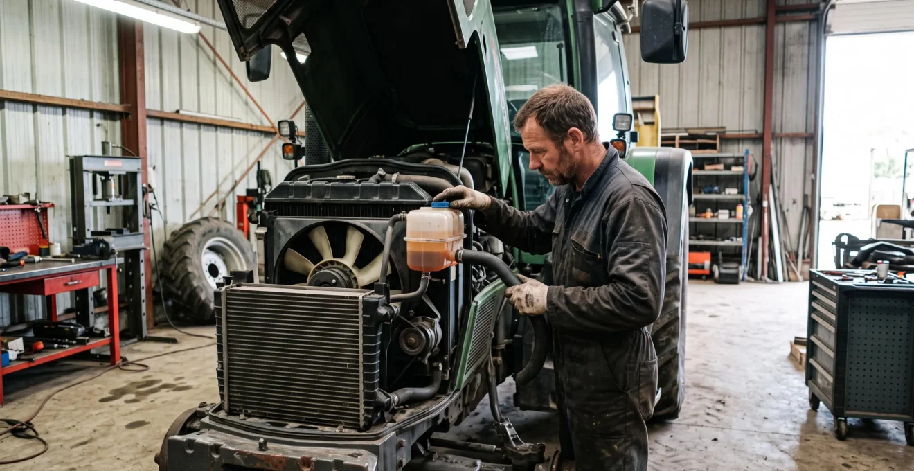 Un mécanicien contrôle le vase d'expansion du circuit de refroidissement d'un tracteur dans un atelier agricole.