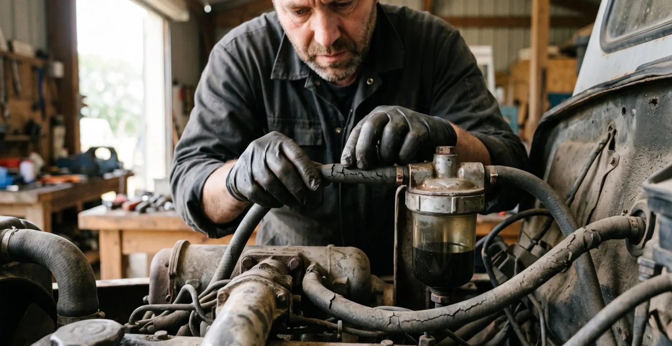 Un mécanicien inspecte les durites de carburant d'un vieux moteur de tracteur avant sa remise en route.