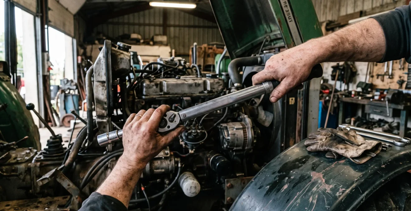 Un mécanicien agricole serre un boulon avec une clé dynamométrique dans le compartiment moteur d'un tracteur, dans un atelier rural.