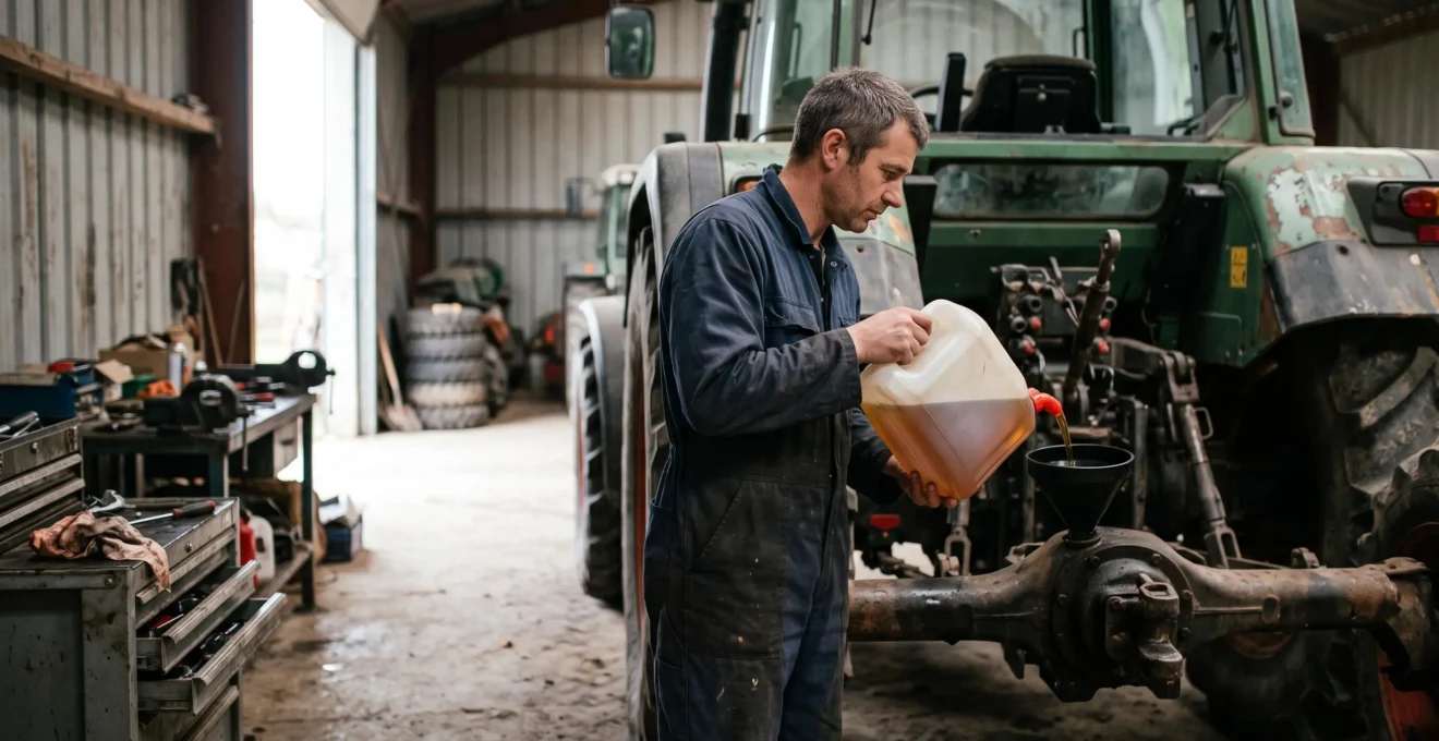 Un mécanicien agricole verse de l'huile de transmission dans le pont arrière d'un tracteur dans un hangar.