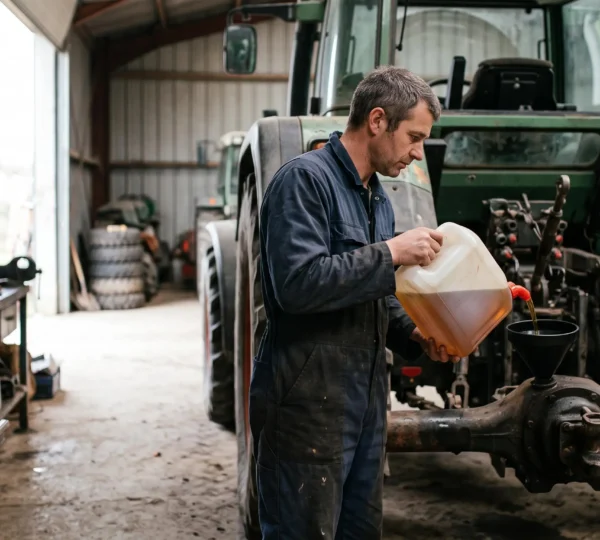 Un mécanicien agricole verse de l'huile de transmission dans le pont arrière d'un tracteur dans un hangar.