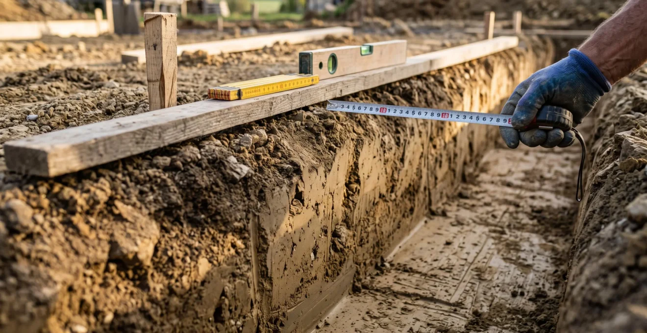 Une main mesure la profondeur d'une tranchée à l'aide d'un mètre et d'un niveau posés sur une latte en bois au bord du chantier.