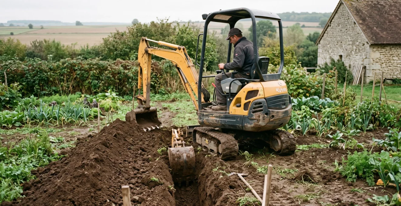 Une mini-pelle creuse une tranchée dans un terrain rural en France, l'opérateur aux commandes et la terre excavée en bordure du chantier.