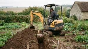 Une mini-pelle creuse une tranchée dans un terrain rural en France, l'opérateur aux commandes et la terre excavée en bordure du chantier.
