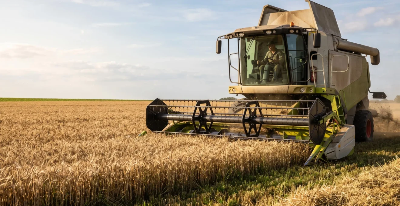Une moissonneuse-batteuse de grande taille moissonne un champ de blé doré dans la campagne française, conduite par un agriculteur concentré sur sa coupe.