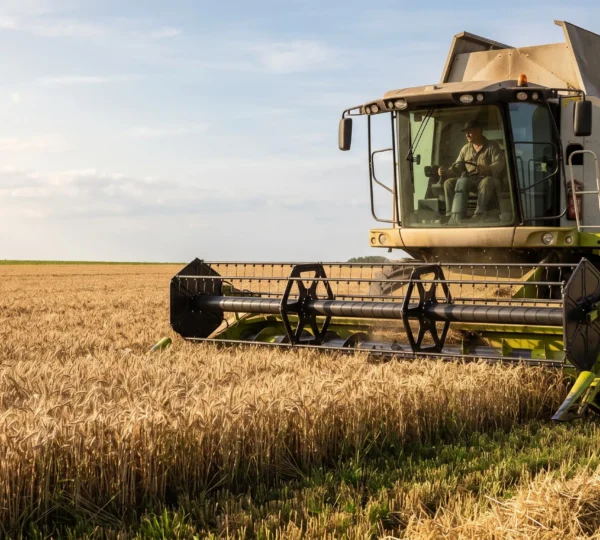 Une moissonneuse-batteuse de grande taille moissonne un champ de blé doré dans la campagne française, conduite par un agriculteur concentré sur sa coupe.