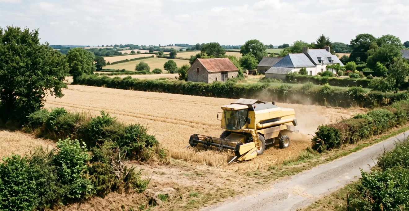 Une moissonneuse-batteuse de taille moyenne moissonne un champ bordé de haies dans la campagne française.
