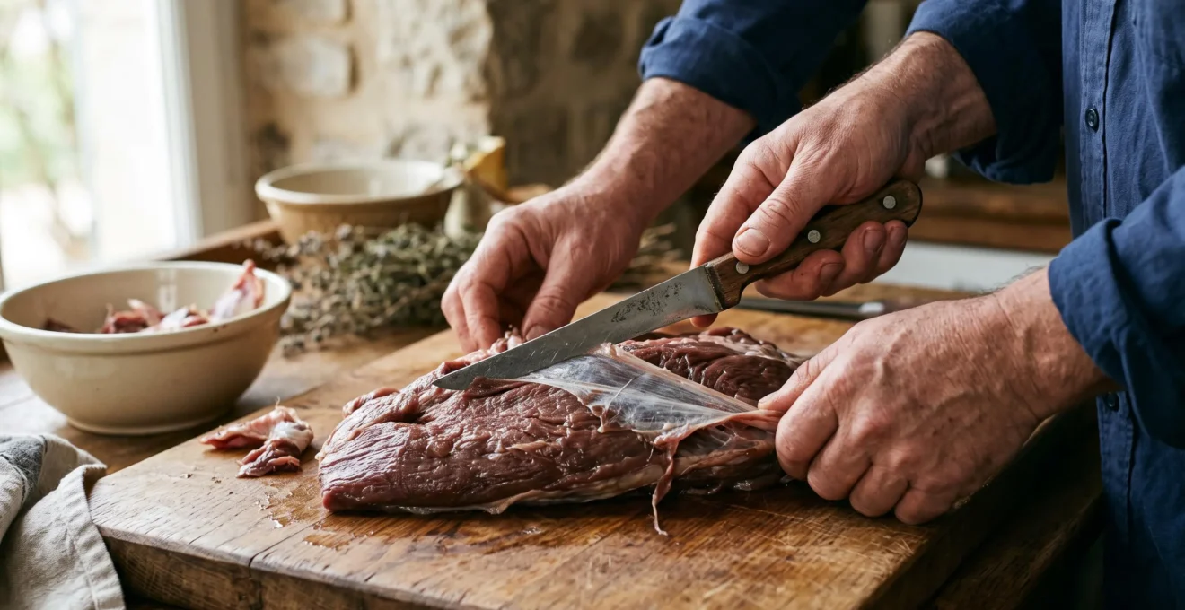 Des mains désossent et dénervent une pièce de viande de sanglier avec un couteau à désosser sur une planche en bois.