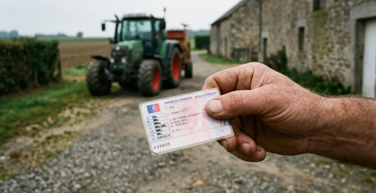 Une main tient un permis de conduire au premier plan, un tracteur agricole étant visible flou en arrière-plan au bord d'une route.