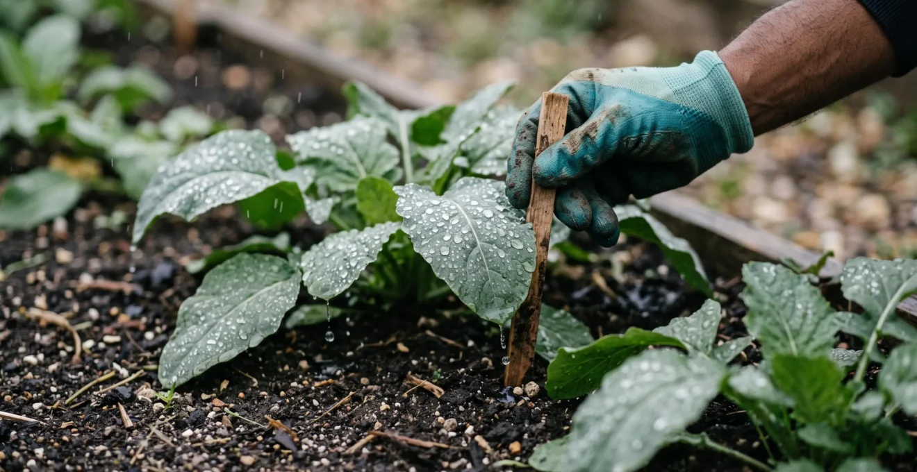 Des gouttes de pluie commencent à perler sur des feuilles de mauvaises herbes fraîchement traitées par un désherbant dans un potager.