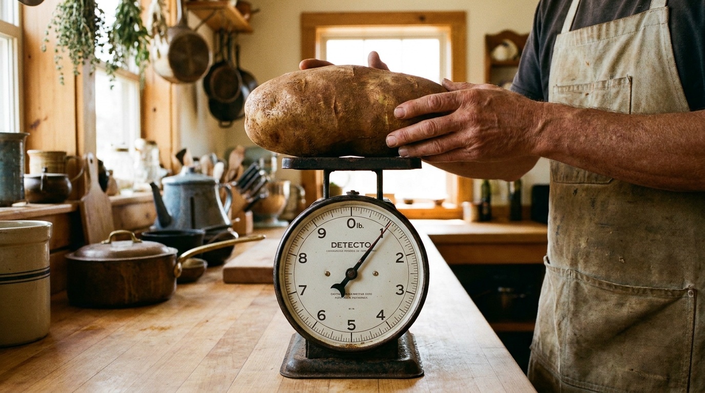 Une personne pèse une très grosse pomme de terre sur une balance de cuisine à cadran dans une cuisine rustique.