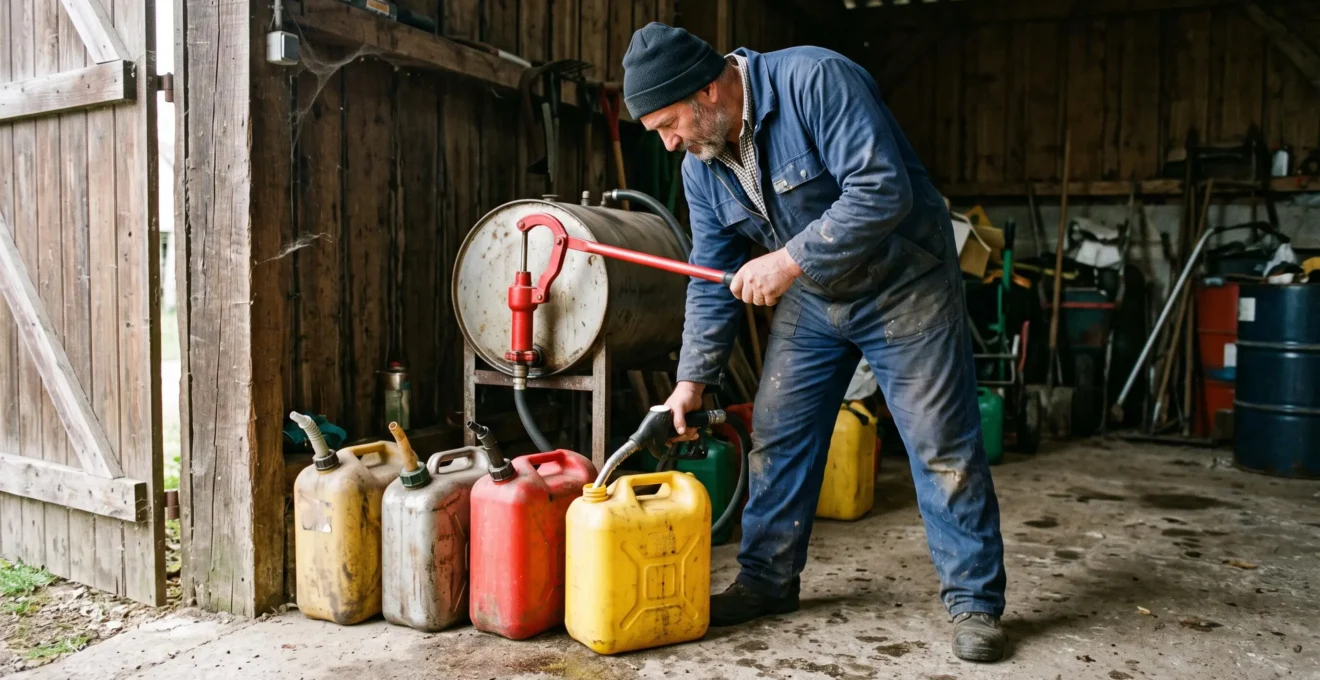 Un agriculteur transvase du gazole non routier avec une pompe manuelle dans un local de stockage de ferme.