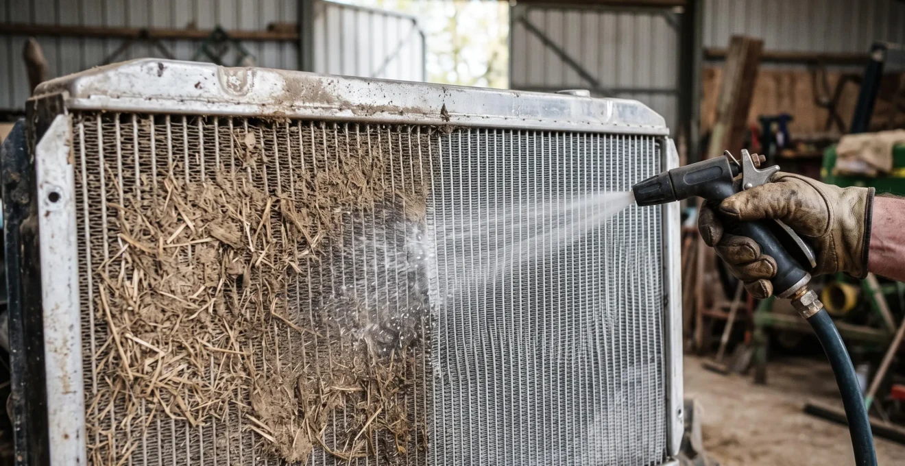Un rinçage à basse pression, en biais, sur les ailettes d'un radiateur de tracteur partiellement encrassé.