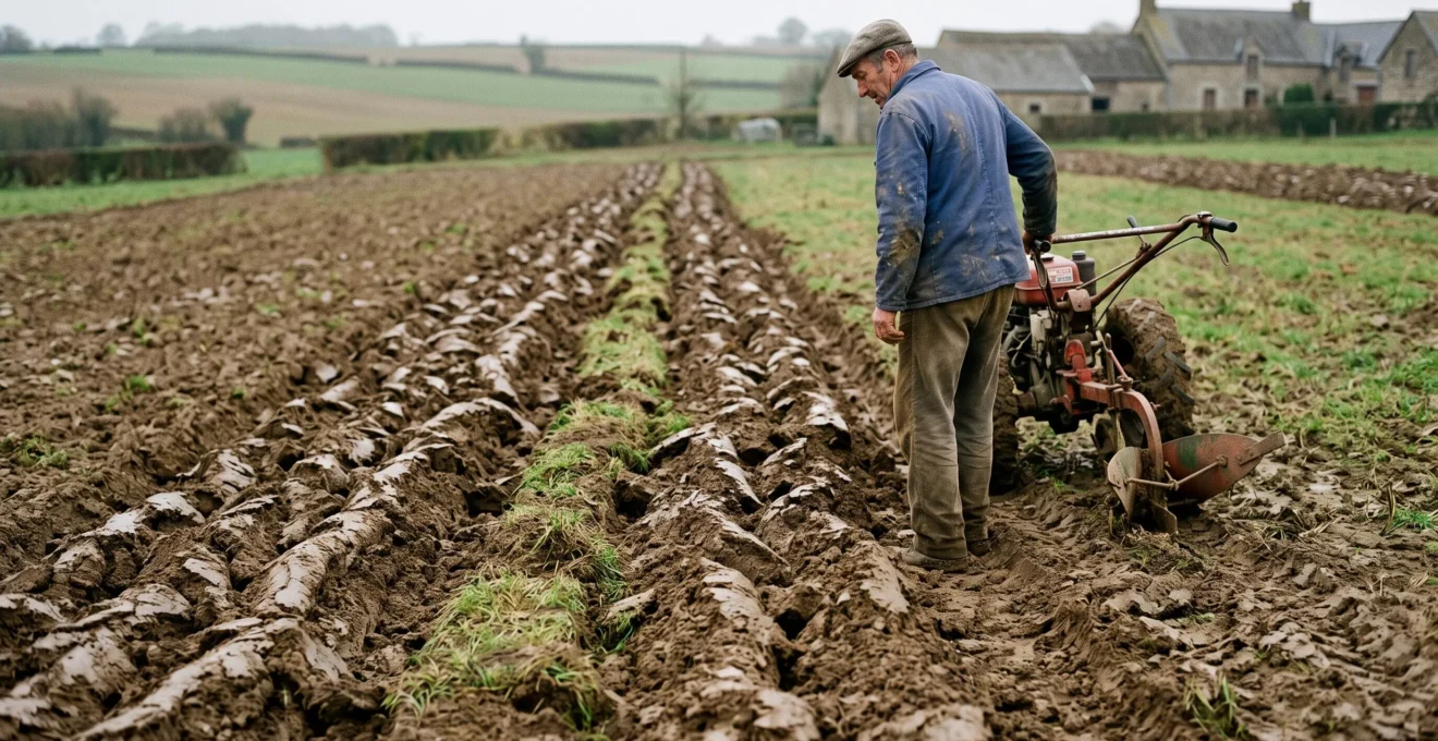 Un agriculteur observe une bande de labour aux sillons irréguliers et mal retournés après un mauvais réglage de sa charrue.