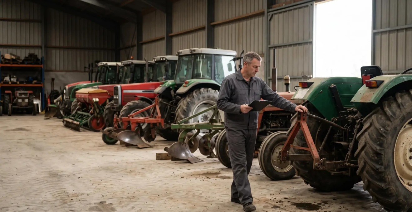 Un technicien inspecte une rangée de tracteurs et de matériels agricoles stationnés dans un grand hangar d'une entreprise de travaux agricoles.