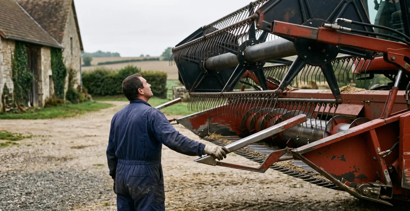 Un technicien inspecte le tablier de coupe imposant d'une moissonneuse-batteuse géante stationnée dans une cour de ferme.