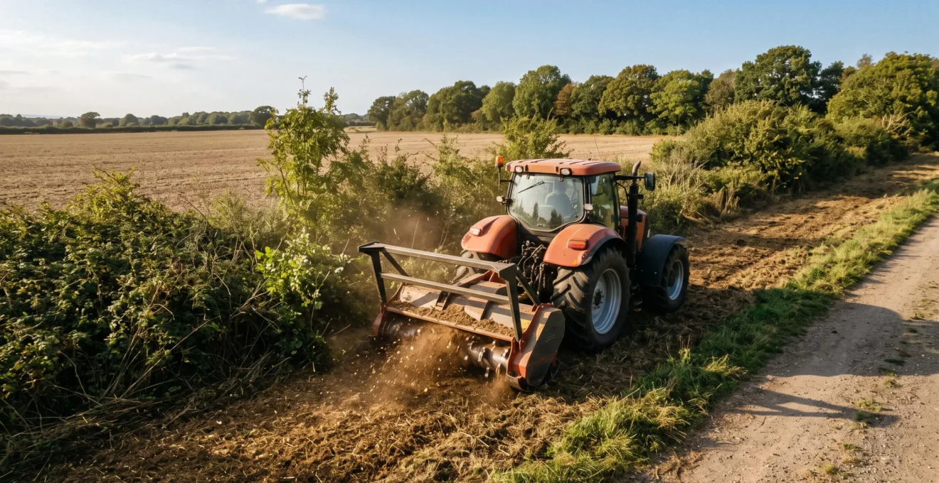 Un tracteur agricole puissant tracte un broyeur forestier large qui défriche une bande de broussailles en bordure de champ.