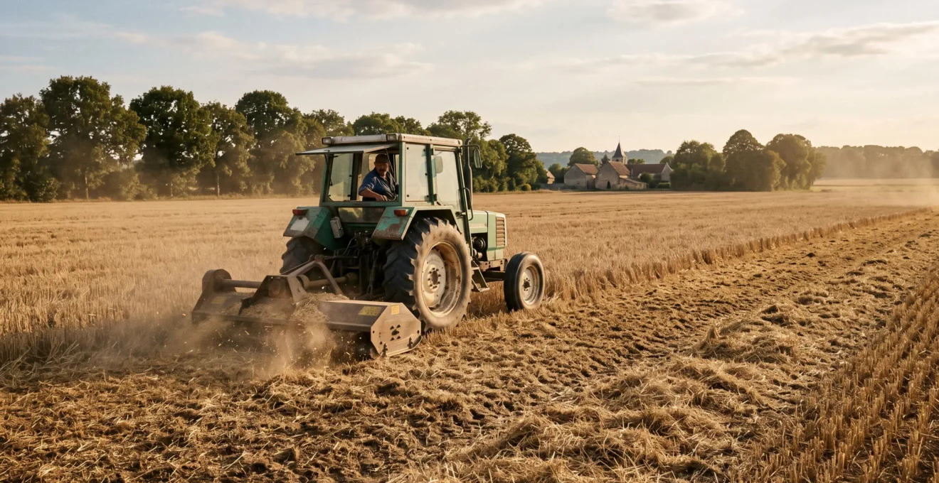 Un tracteur équipé d'un broyeur à fléaux broie les résidus de paille sur une parcelle de chaumes après la moisson.