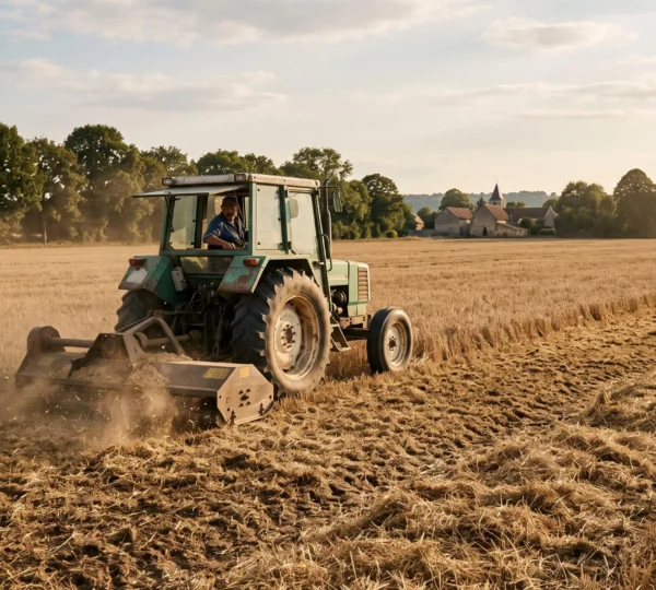 Un tracteur équipé d'un broyeur à fléaux broie les résidus de paille sur une parcelle de chaumes après la moisson.
