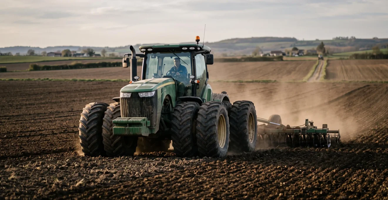Un tracteur agricole puissant tire un instrument de travail du sol dans un grand champ ouvert à la campagne française.