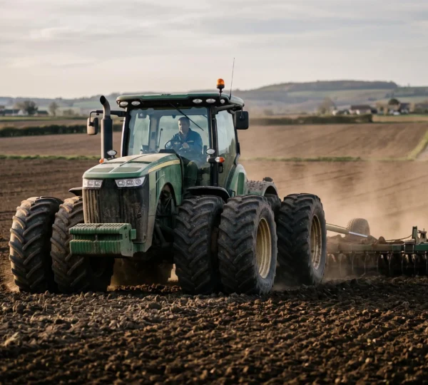 Un tracteur agricole puissant tire un instrument de travail du sol dans un grand champ ouvert à la campagne française.