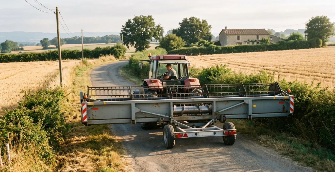 Un tracteur transporte une large barre de coupe sur remorque sur une route de campagne française.