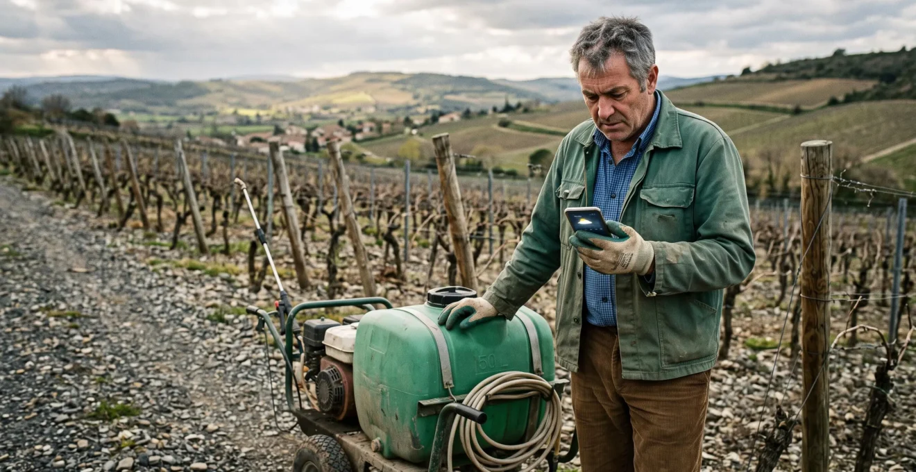 Un viticulteur consulte la météo sur son téléphone à côté de son petit pulvérisateur, avant de traiter ses rangs de vigne.