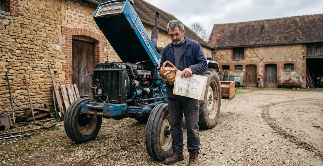 Un agriculteur compare une fiche produit d'huile multifonctionnelle avec le manuel technique de son tracteur dans une cour de ferme.