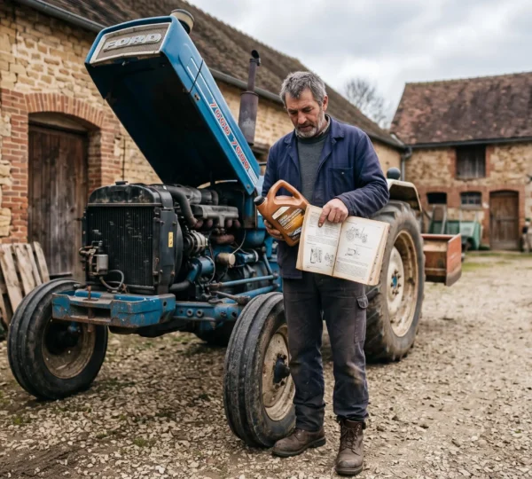 Un agriculteur compare une fiche produit d'huile multifonctionnelle avec le manuel technique de son tracteur dans une cour de ferme.