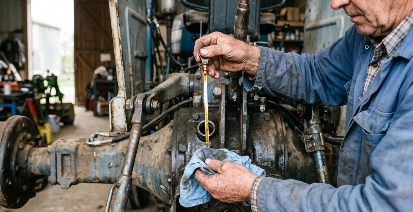 Un agriculteur vérifie le niveau d'huile du pont arrière d'un tracteur à l'aide de la jauge, dans un atelier de ferme.