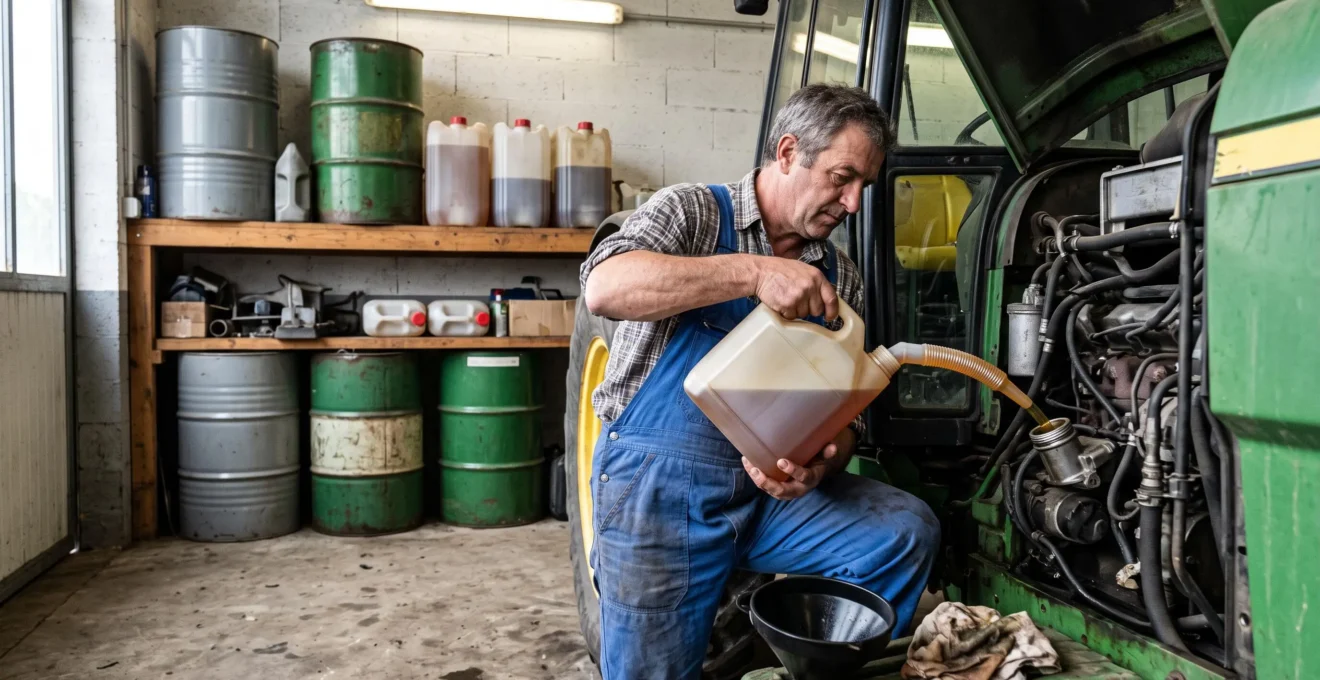 Un agriculteur verse de l'huile multifonctionnelle dans le moteur d'un tracteur dans un atelier d'entretien agricole.